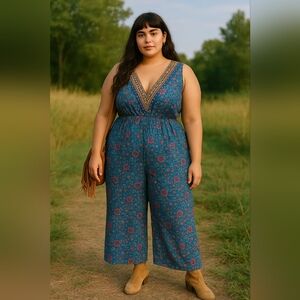 Love Squared Women's Bohemian Jumpsuit Size‎ 2X NWT Polyester Spandex V-Neck